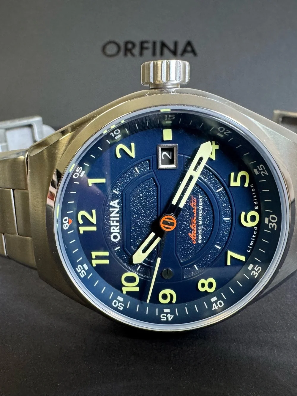 orfina founders edition automatic date stainless steel 42 mm wristwatch